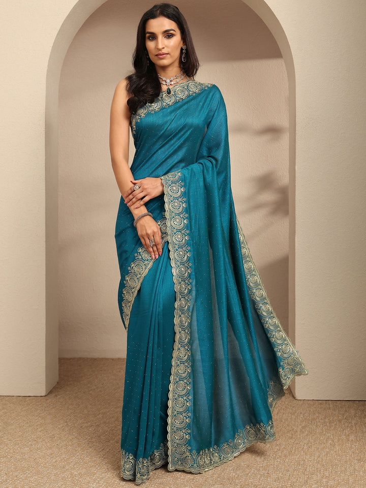 Teal Embellished Silk Blend Saree With Unstitched Blouse Piece