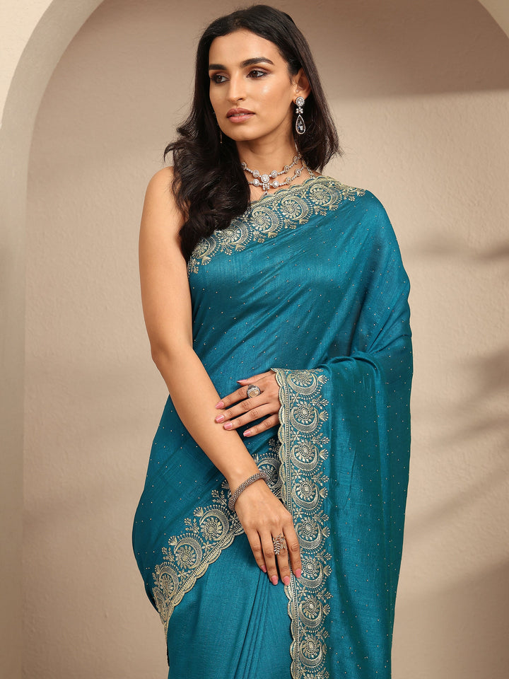Teal Embellished Silk Blend Saree With Unstitched Blouse Piece