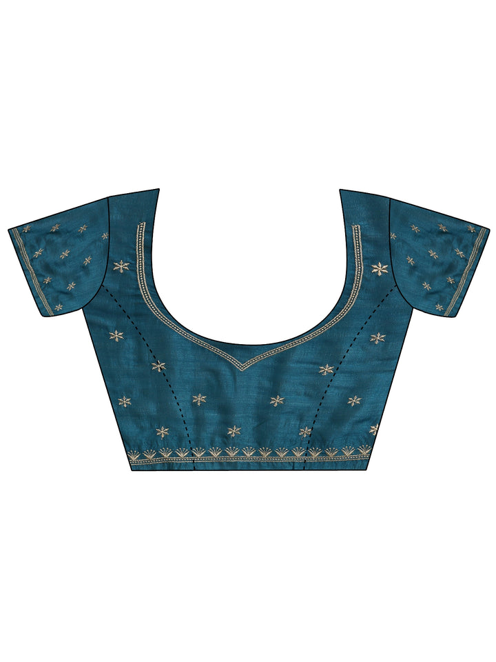 Teal Embellished Silk Blend Saree With Unstitched Blouse Piece