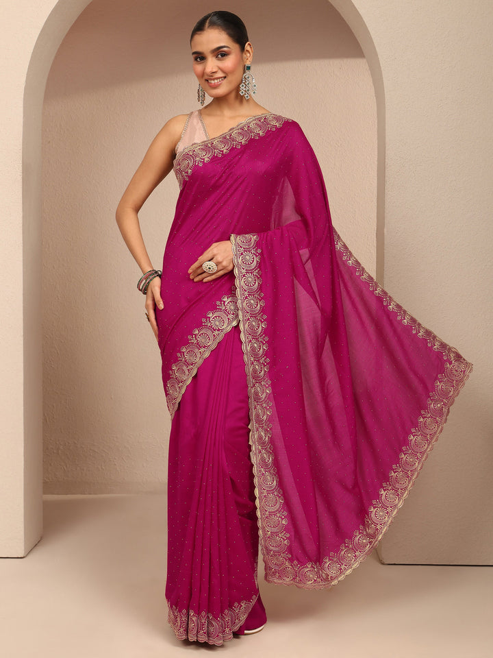 Pink Embellished Silk Blend Saree With Unstitched Blouse Piece