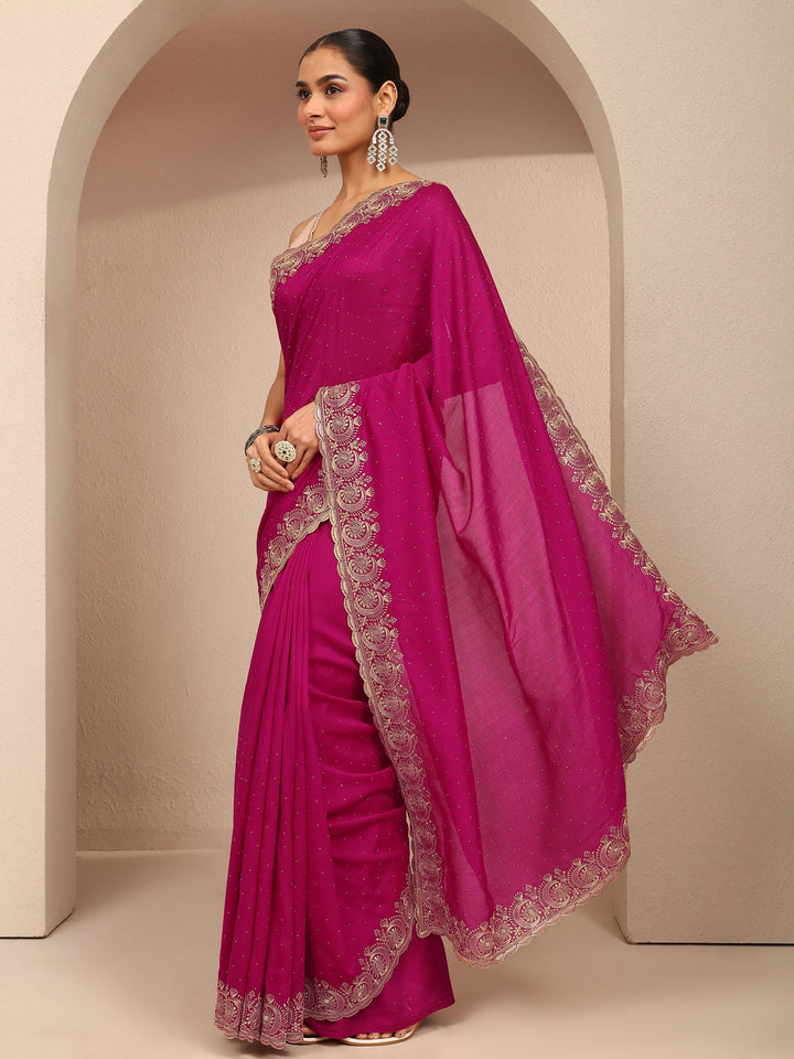 Pink Embellished Silk Blend Saree With Unstitched Blouse Piece