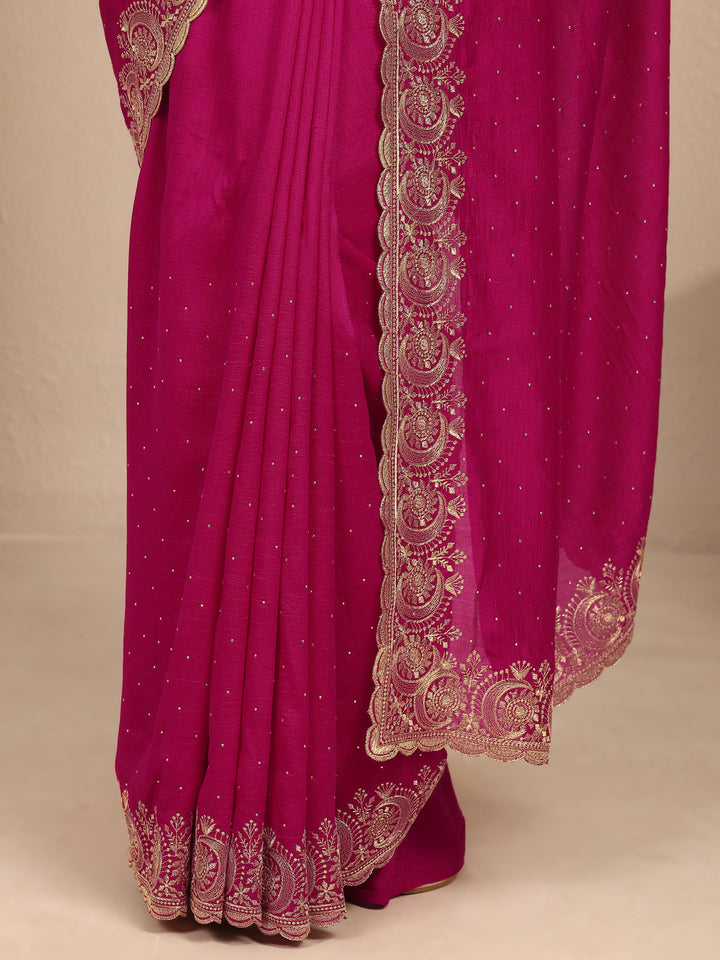 Pink Embellished Silk Blend Saree With Unstitched Blouse Piece
