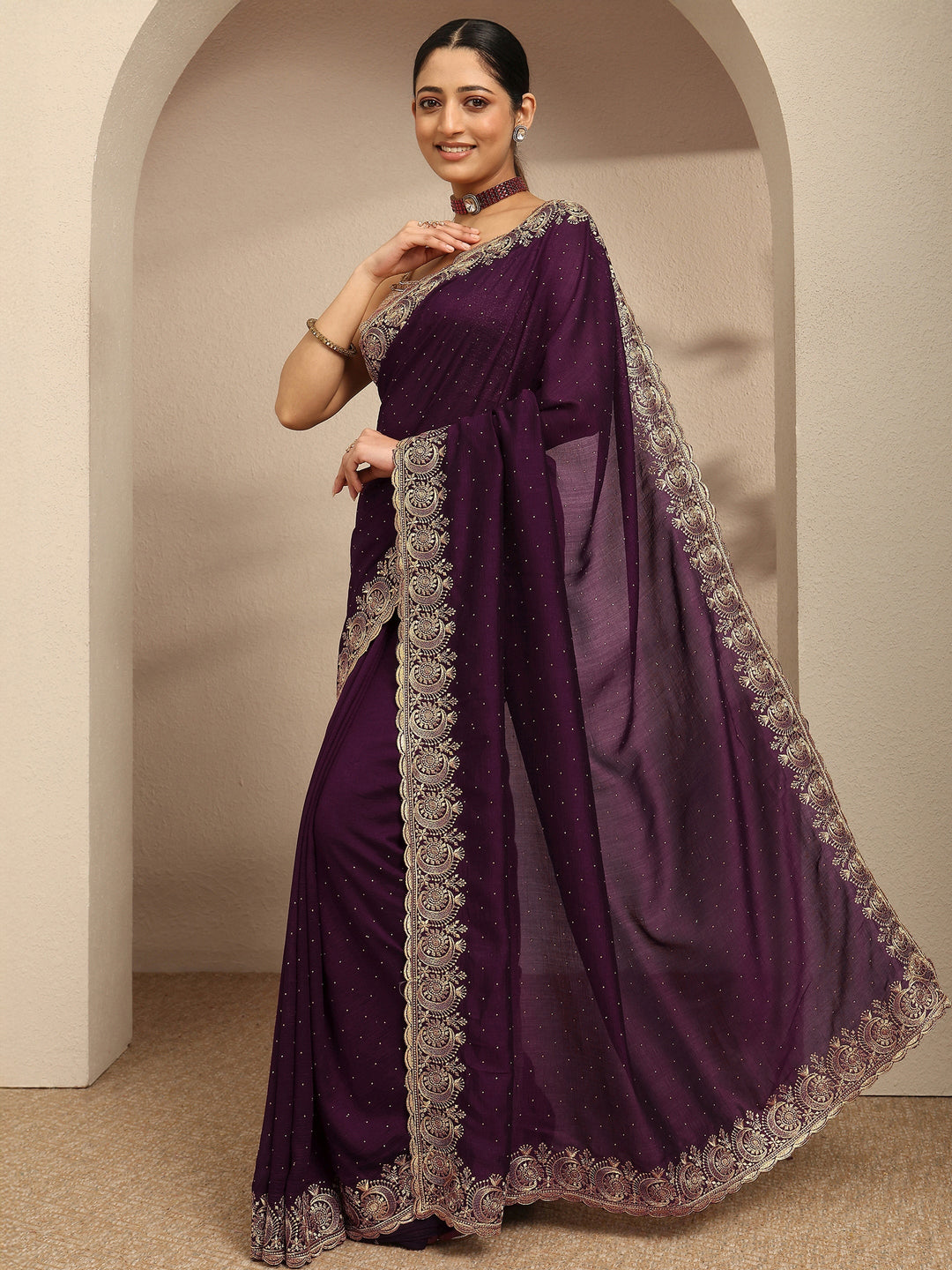 Burgundy Embellished Silk Blend Saree With Unstitched Blouse Piece