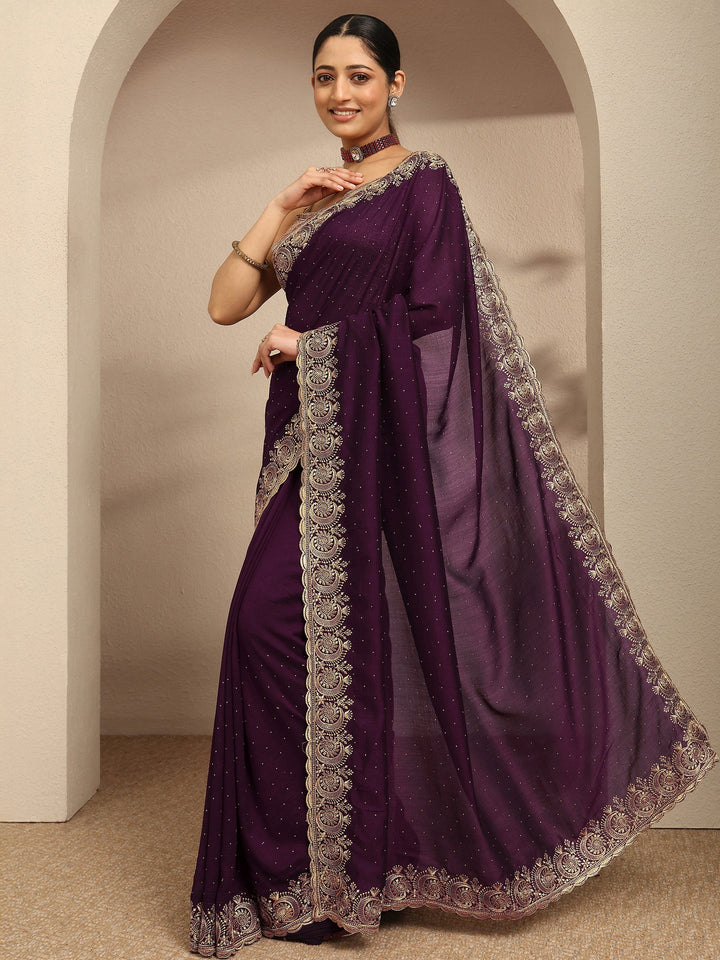 Burgundy Embellished Silk Blend Saree With Unstitched Blouse Piece