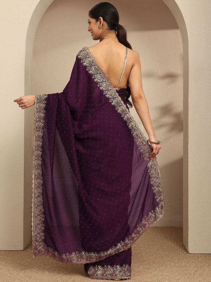Burgundy Embellished Silk Blend Saree With Unstitched Blouse Piece