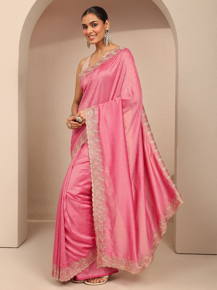 Coral Embellished Silk Blend Saree With Unstitched Blouse Piece