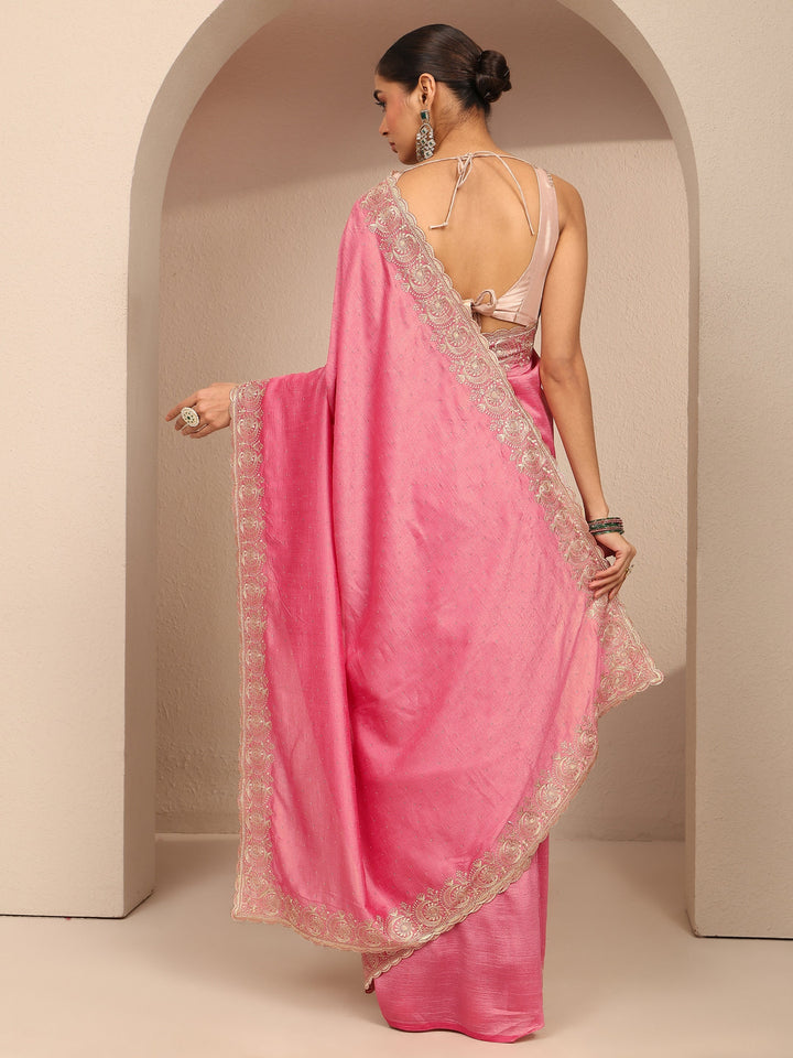 Coral Embellished Silk Blend Saree With Unstitched Blouse Piece