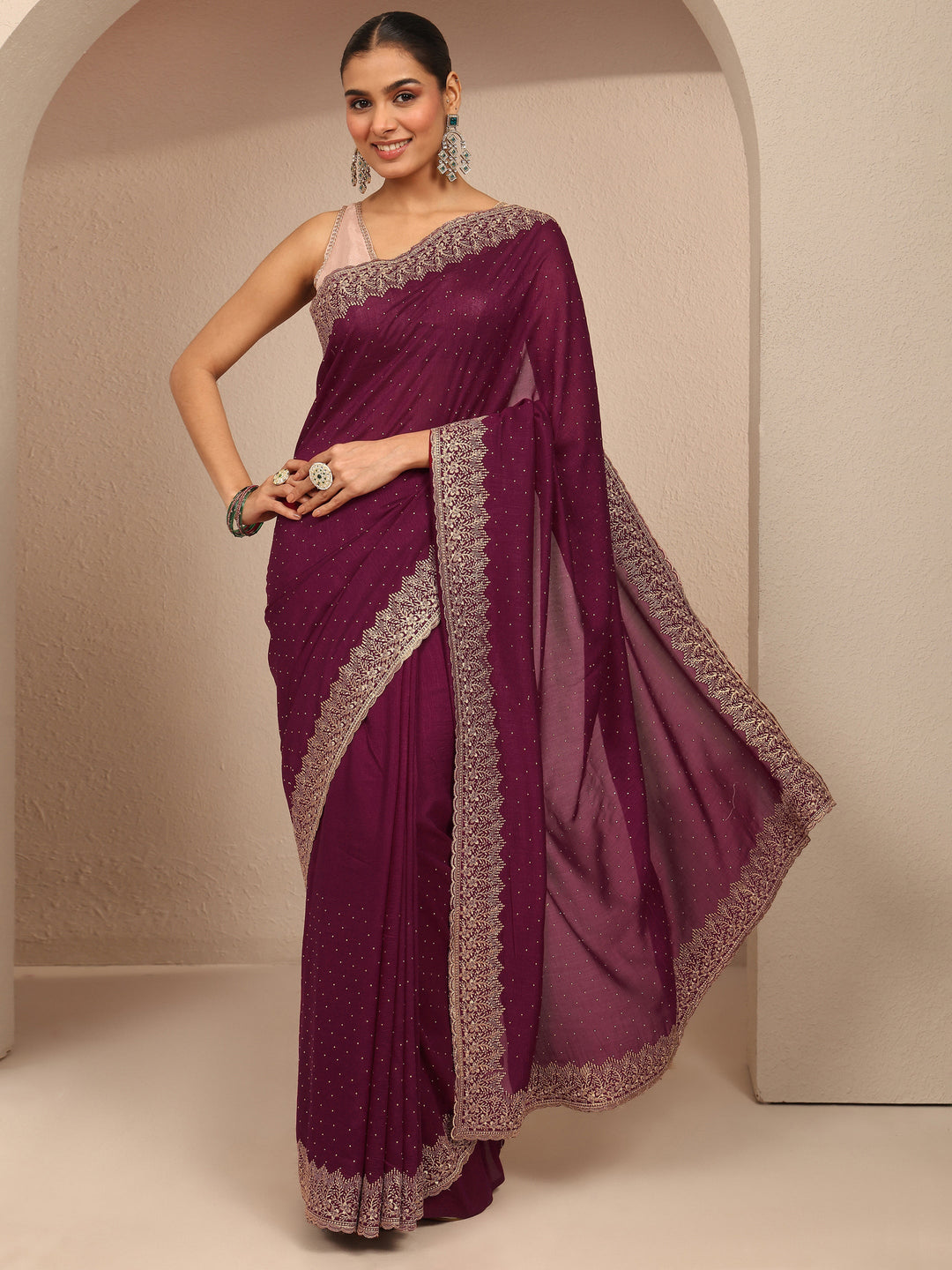 Burgundy Embellished Silk Blend Saree With Unstitched Blouse Piece