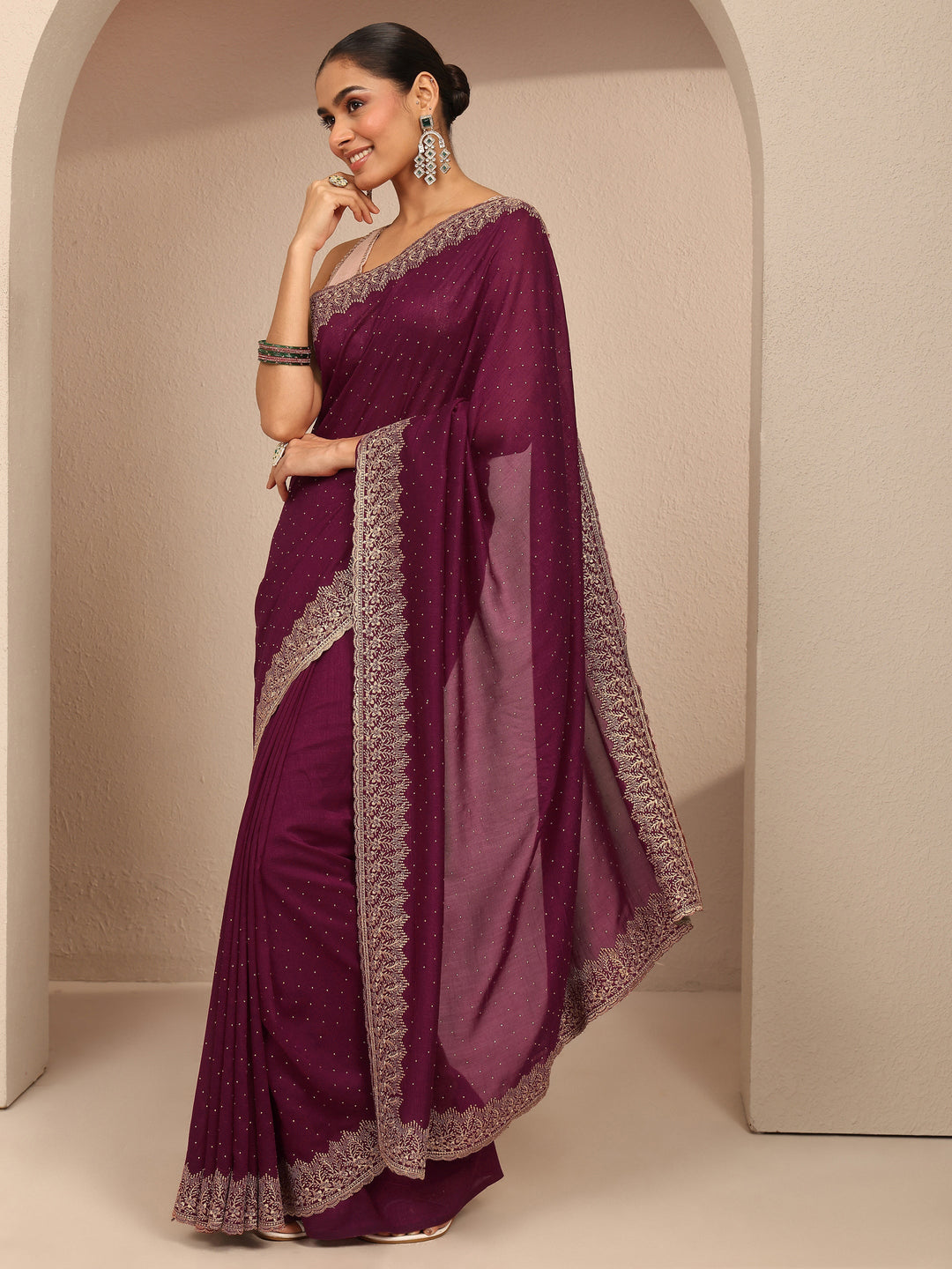 Burgundy Embellished Silk Blend Saree With Unstitched Blouse Piece