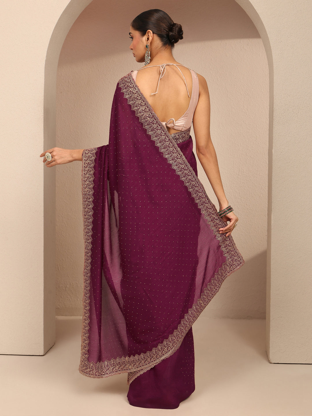 Burgundy Embellished Silk Blend Saree With Unstitched Blouse Piece
