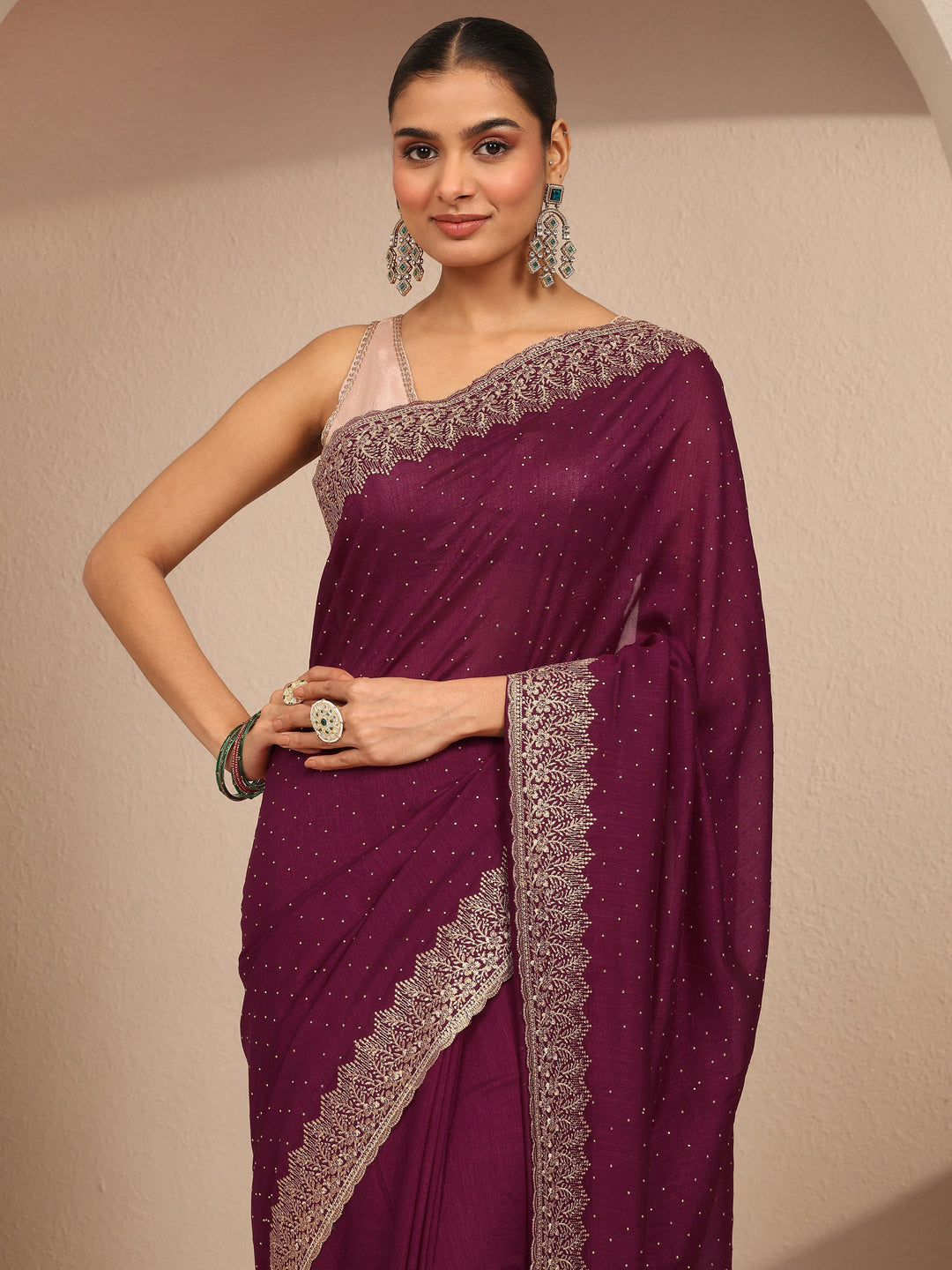 Burgundy Embellished Silk Blend Saree With Unstitched Blouse Piece