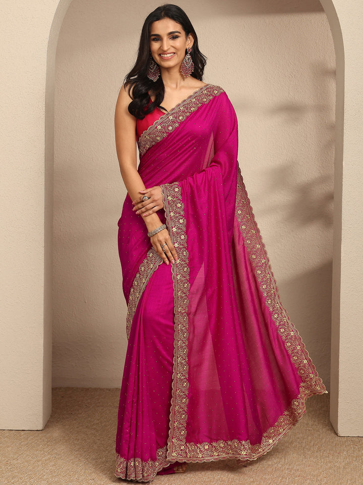 Pink Embellished Silk Blend Saree With Unstitched Blouse Piece