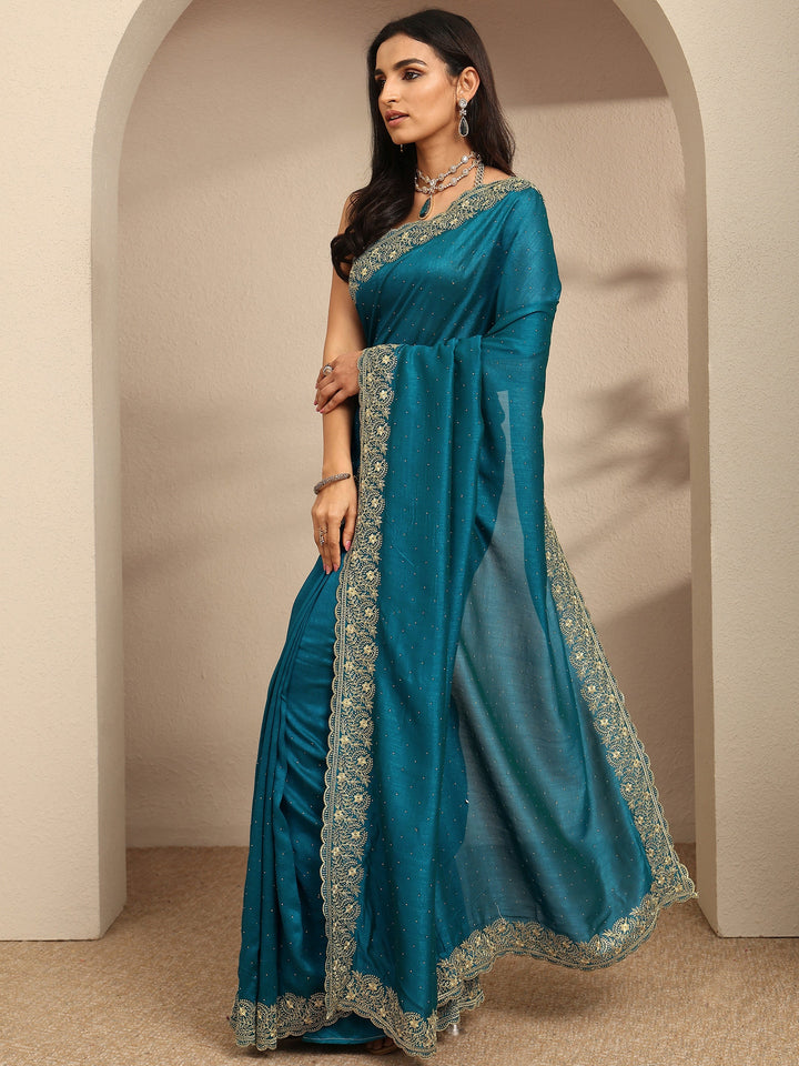 Blue Embellished Silk Blend Saree With Unstitched Blouse Piece