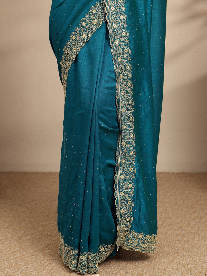 Blue Embellished Silk Blend Saree With Unstitched Blouse Piece