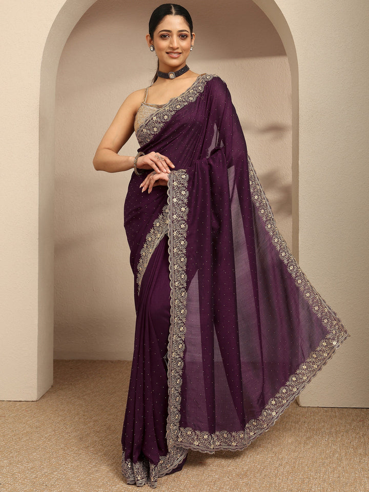 Burgundy Embellished Silk Blend Saree With Unstitched Blouse Piece