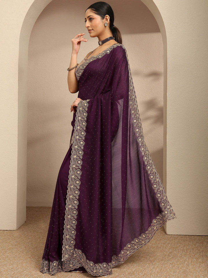 Burgundy Embellished Silk Blend Saree With Unstitched Blouse Piece