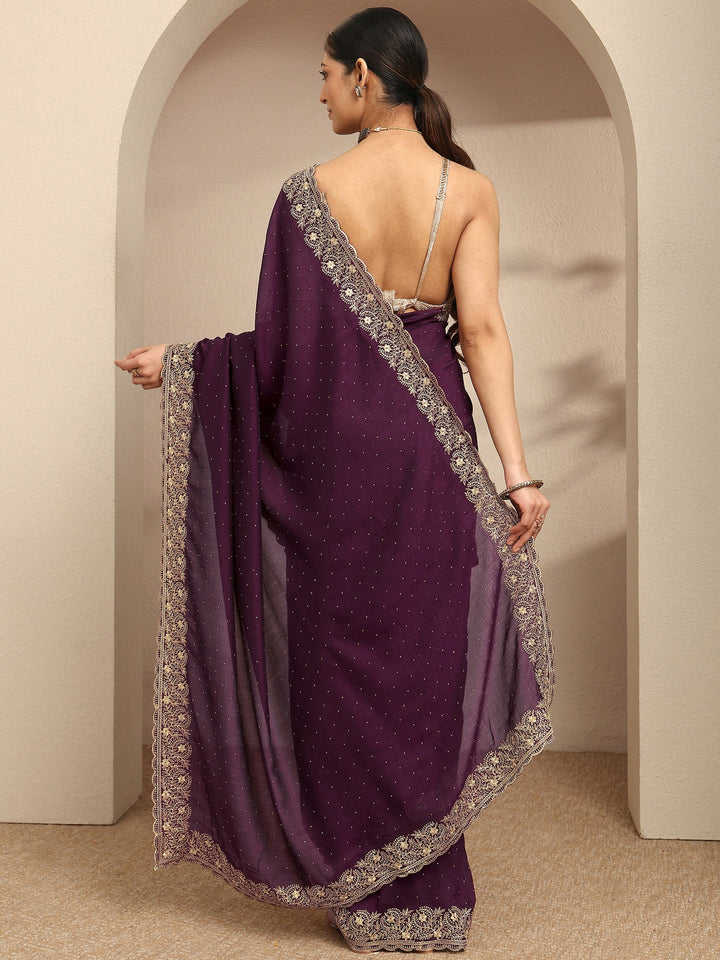 Burgundy Embellished Silk Blend Saree With Unstitched Blouse Piece