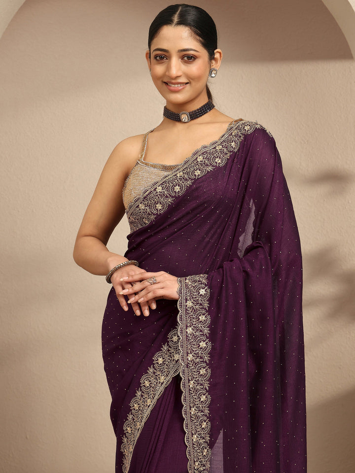 Burgundy Embellished Silk Blend Saree With Unstitched Blouse Piece
