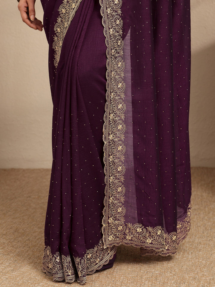 Burgundy Embellished Silk Blend Saree With Unstitched Blouse Piece