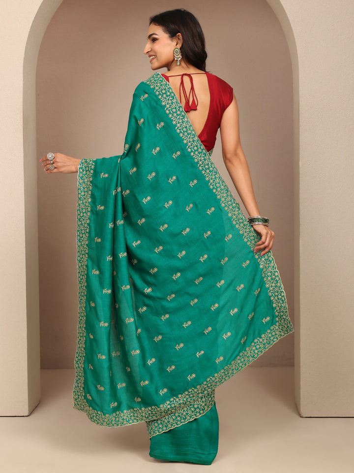 Green Embellished Silk Blend Saree With Unstitched Blouse Piece