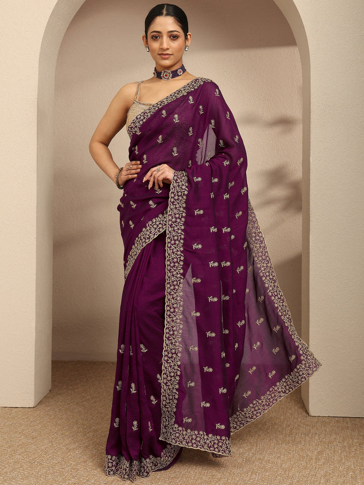 Burgundy Embellished Silk Blend Saree With Unstitched Blouse Piece