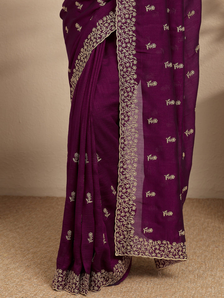 Burgundy Embellished Silk Blend Saree With Unstitched Blouse Piece