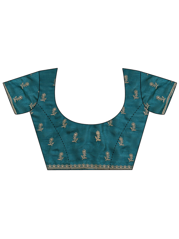 Teal Embellished Silk Blend Saree With Unstitched Blouse Piece