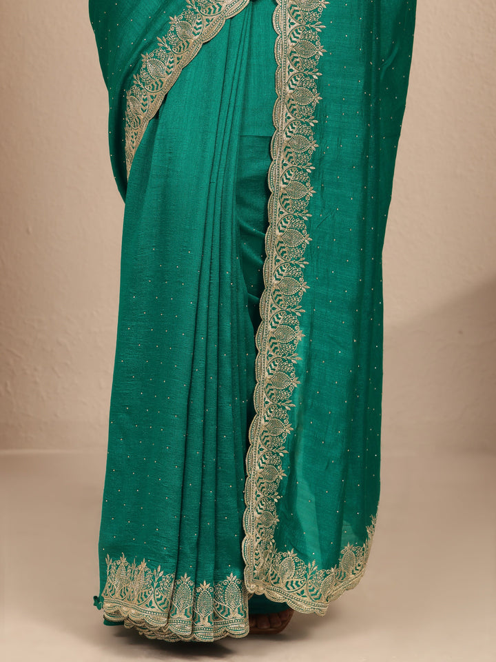 Green Embellished Silk Blend Saree With Unstitched Blouse Piece