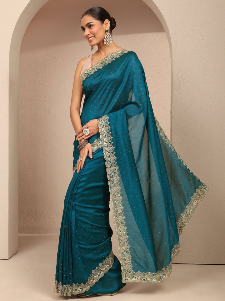 Teal Embellished Silk Blend Saree With Unstitched Blouse Piece
