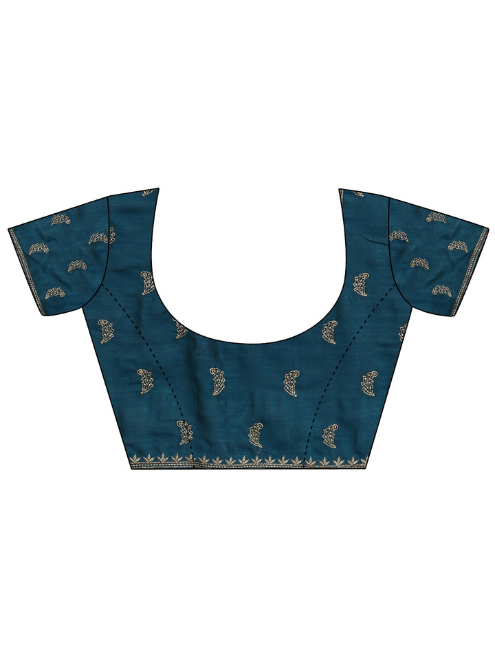 Teal Embellished Silk Blend Saree With Unstitched Blouse Piece
