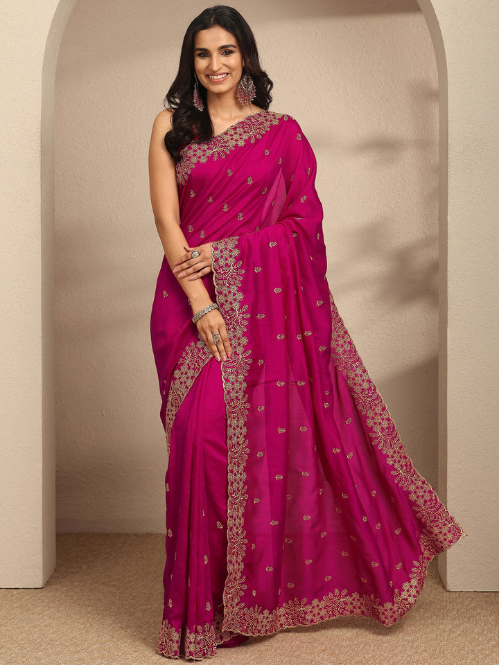 Pink Embroidered Silk Blend Saree With Unstitched Blouse Piece