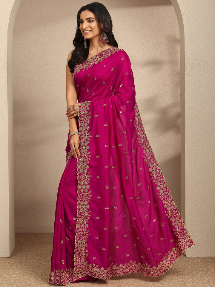 Pink Embroidered Silk Blend Saree With Unstitched Blouse Piece