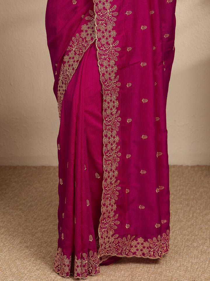 Pink Embroidered Silk Blend Saree With Unstitched Blouse Piece