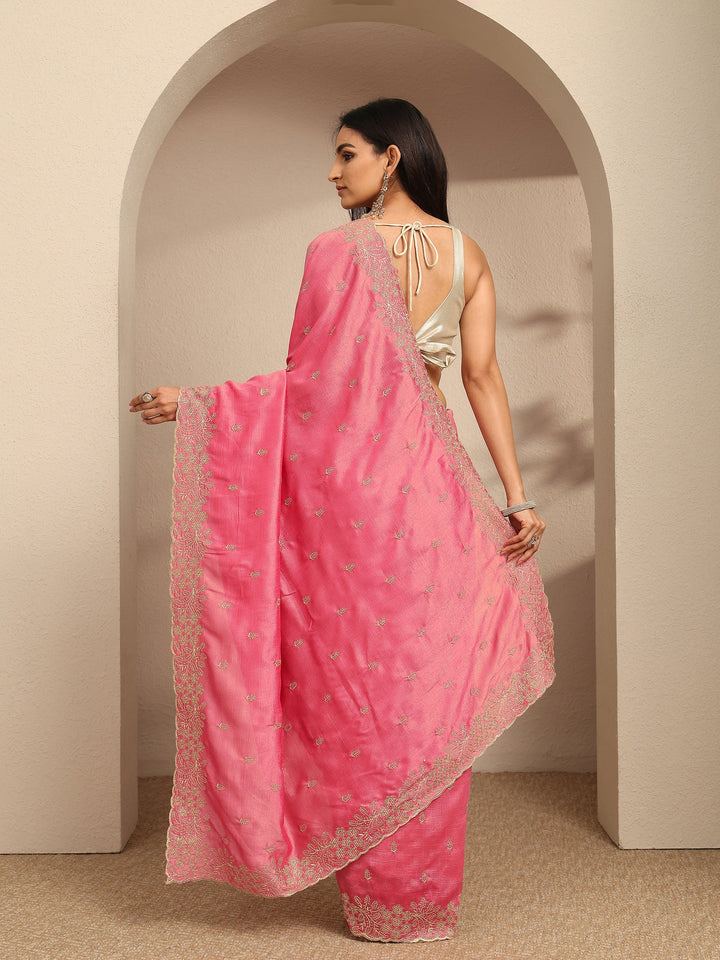 Coral Embroidered Silk Blend Saree With Unstitched Blouse Piece