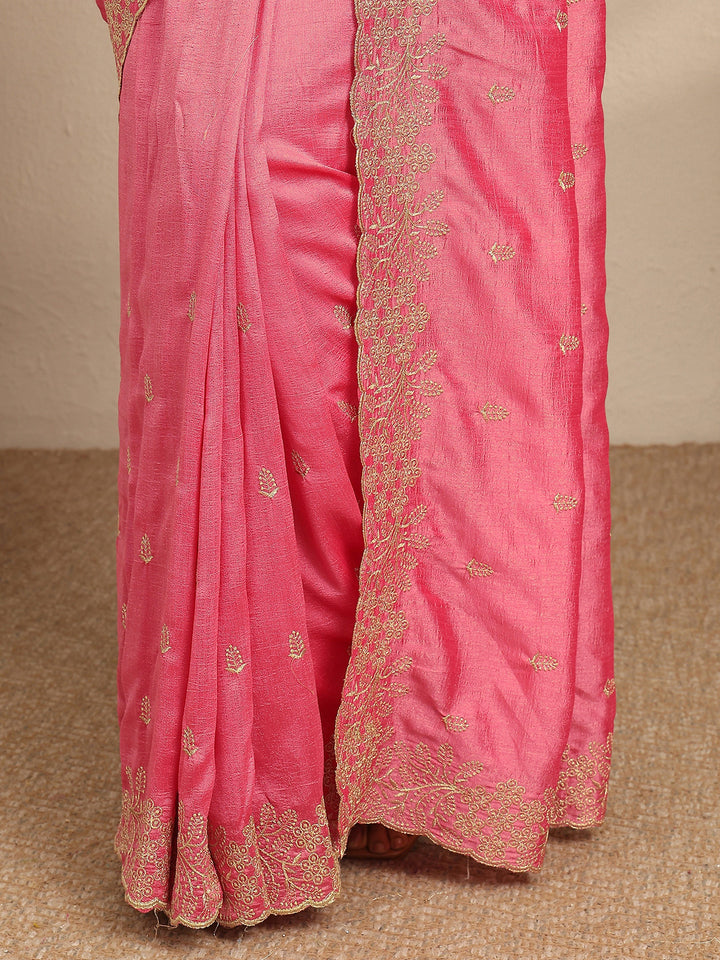 Coral Embroidered Silk Blend Saree With Unstitched Blouse Piece