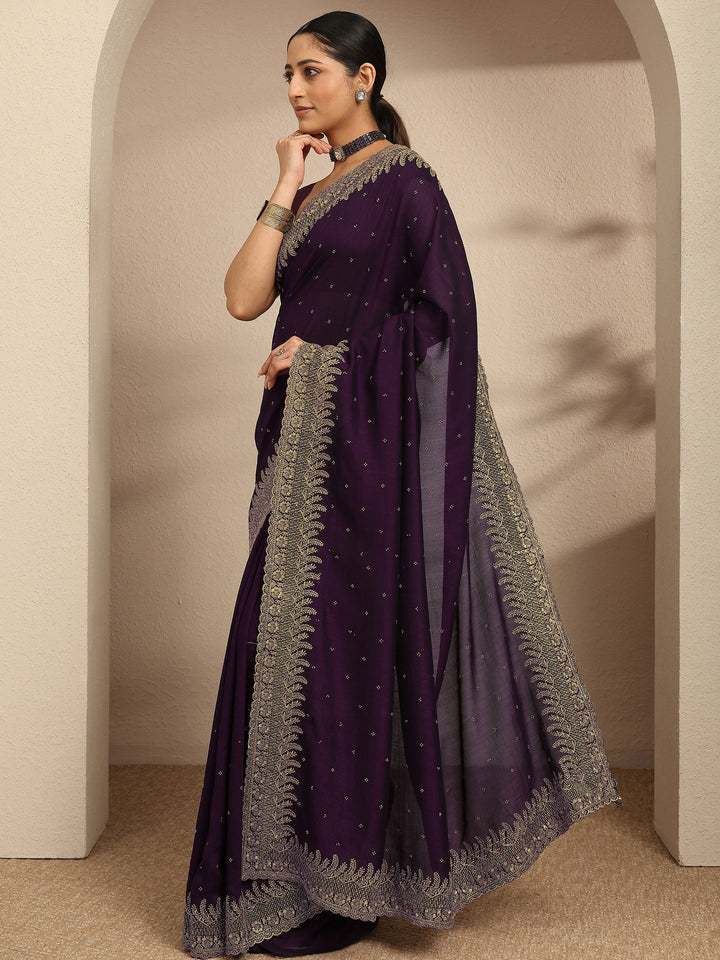 Burgundy Embellished Silk Blend Saree With Unstitched Blouse Piece