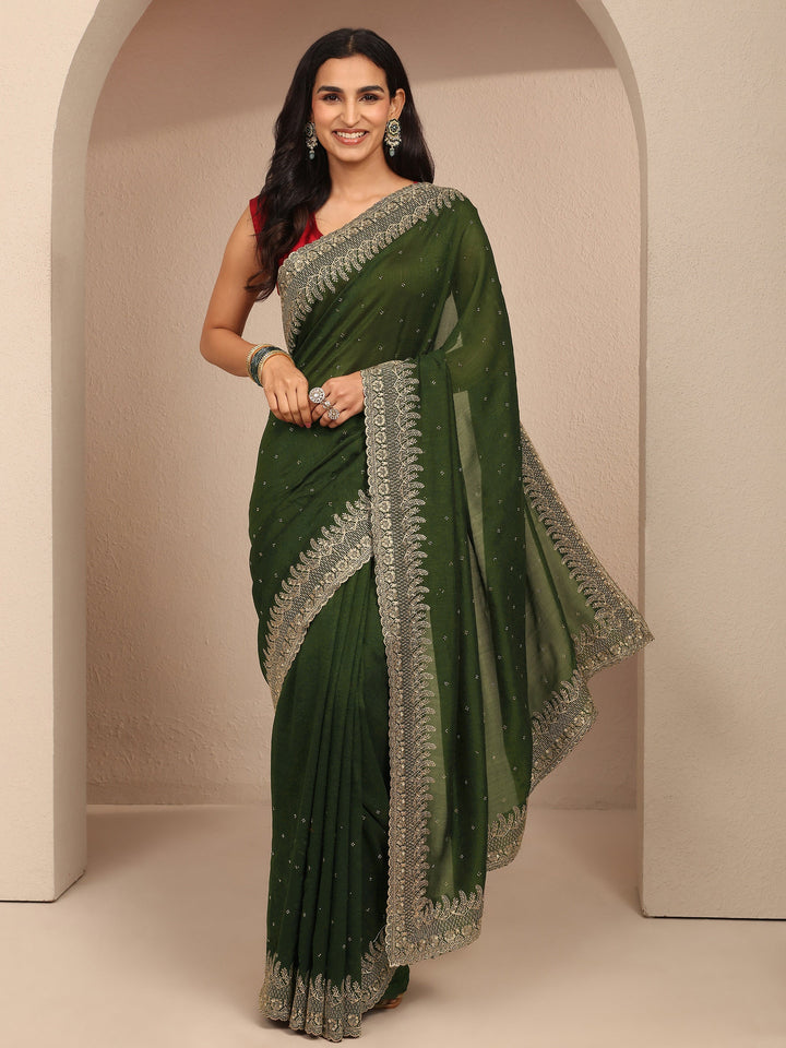 Green Embellished Silk Blend Saree With Unstitched Blouse Piece