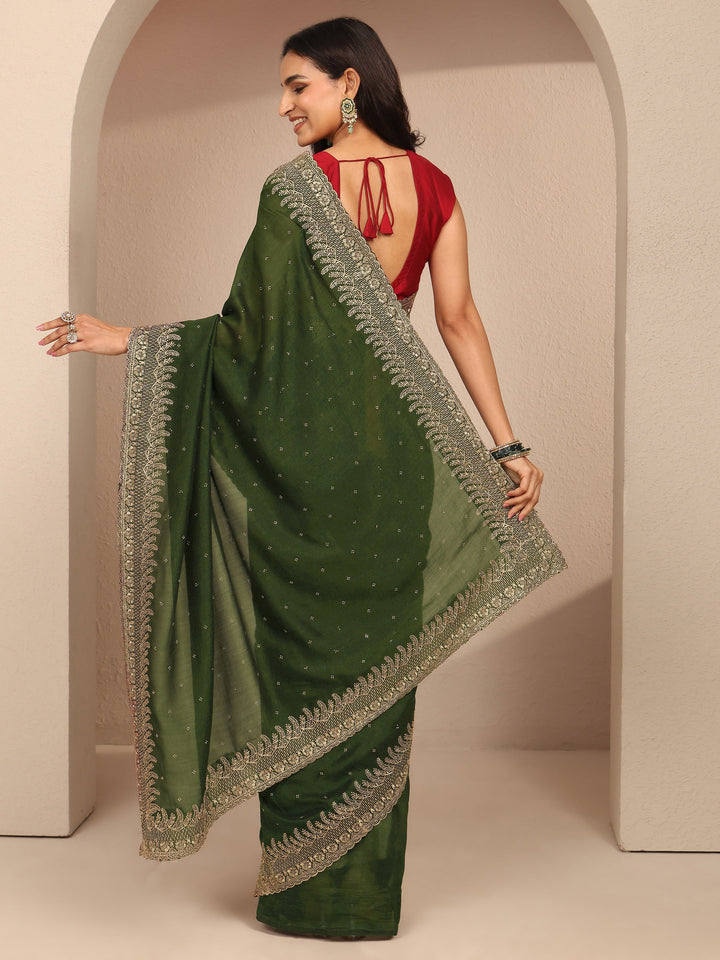 Green Embellished Silk Blend Saree With Unstitched Blouse Piece