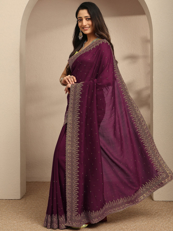 Maroon Embellished Silk Blend Saree With Unstitched Blouse Piece