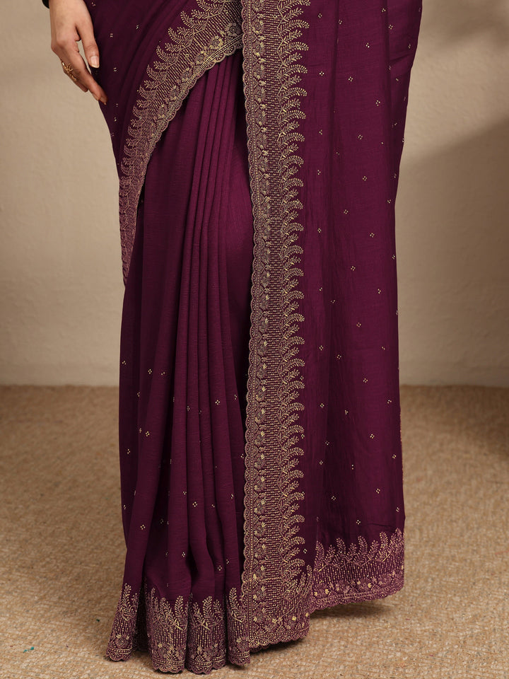Maroon Embellished Silk Blend Saree With Unstitched Blouse Piece