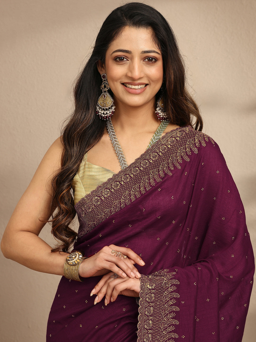 Maroon Embellished Silk Blend Saree With Unstitched Blouse Piece