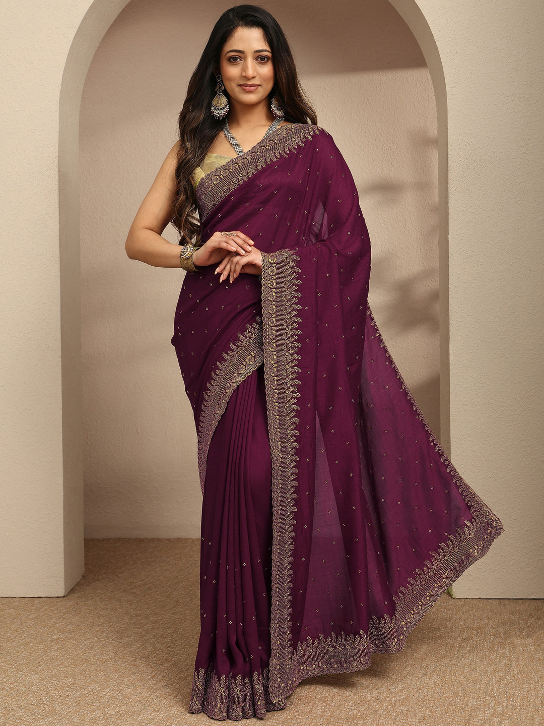 Maroon Embellished Silk Blend Saree With Unstitched Blouse Piece