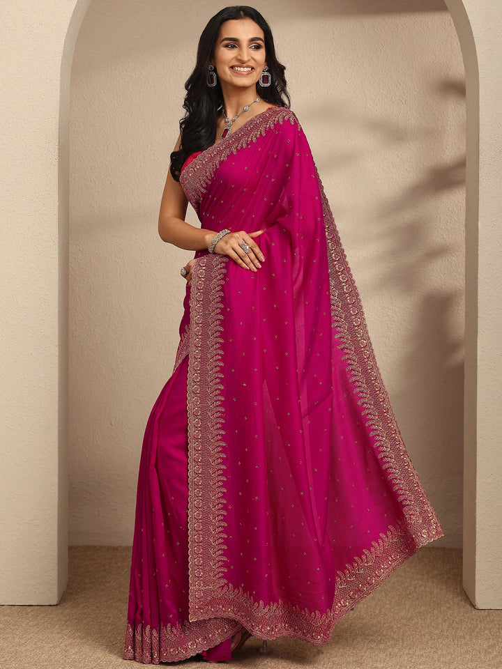 Pink Embellished Silk Blend Saree With Unstitched Blouse Piece