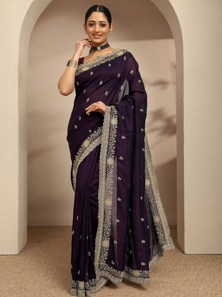 Burgundy Embroidered Silk Blend Saree With Unstitched Blouse Piece