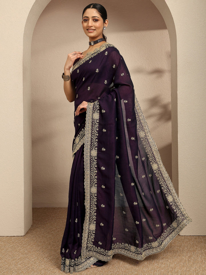 Burgundy Embroidered Silk Blend Saree With Unstitched Blouse Piece