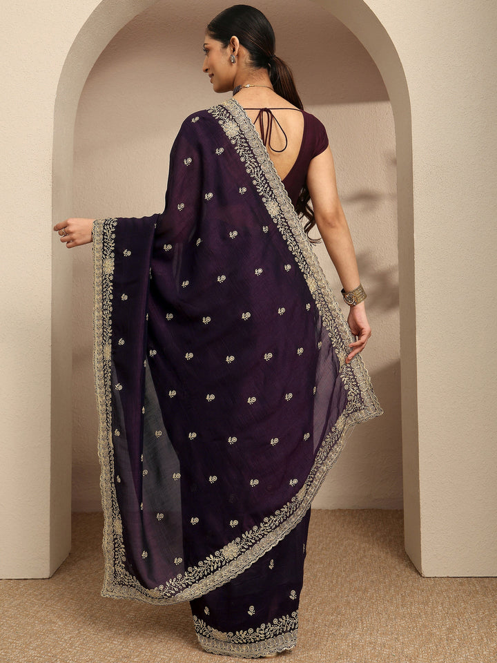 Burgundy Embroidered Silk Blend Saree With Unstitched Blouse Piece