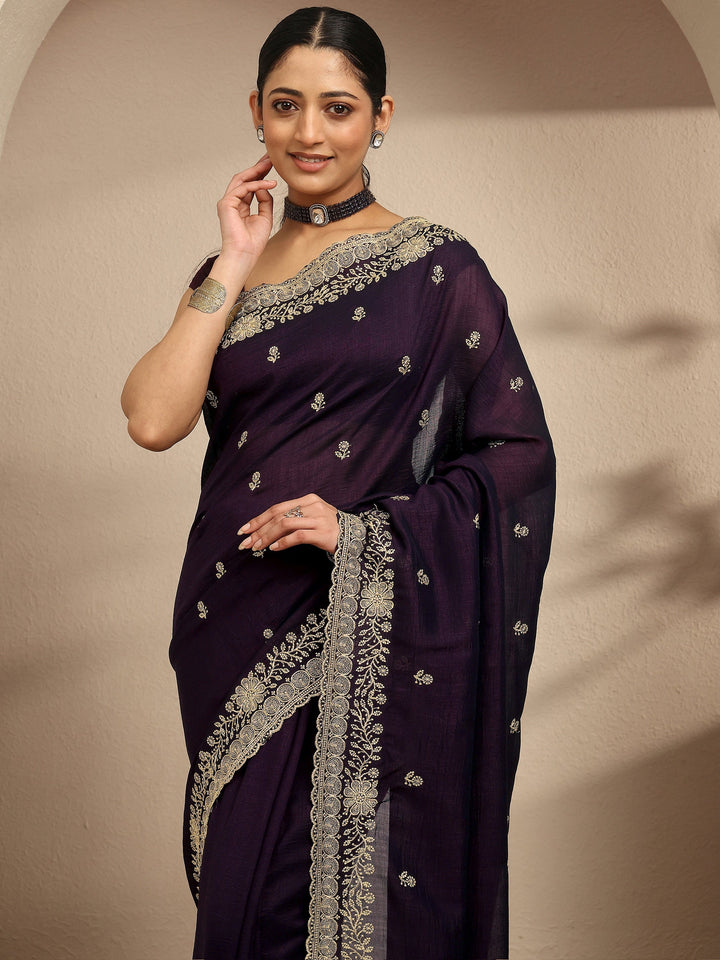 Burgundy Embroidered Silk Blend Saree With Unstitched Blouse Piece