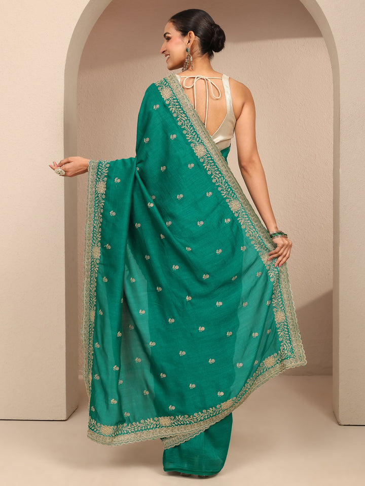 Green Embroidered Silk Blend Saree With Unstitched Blouse Piece