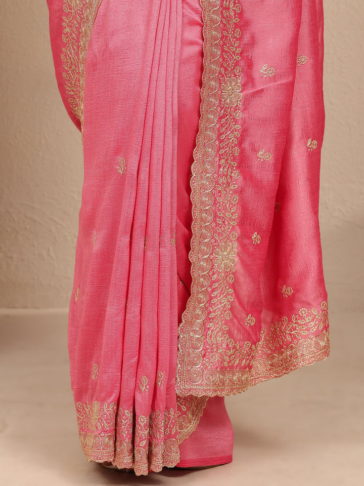 Coral Embroidered Silk Blend Saree With Unstitched Blouse Piece