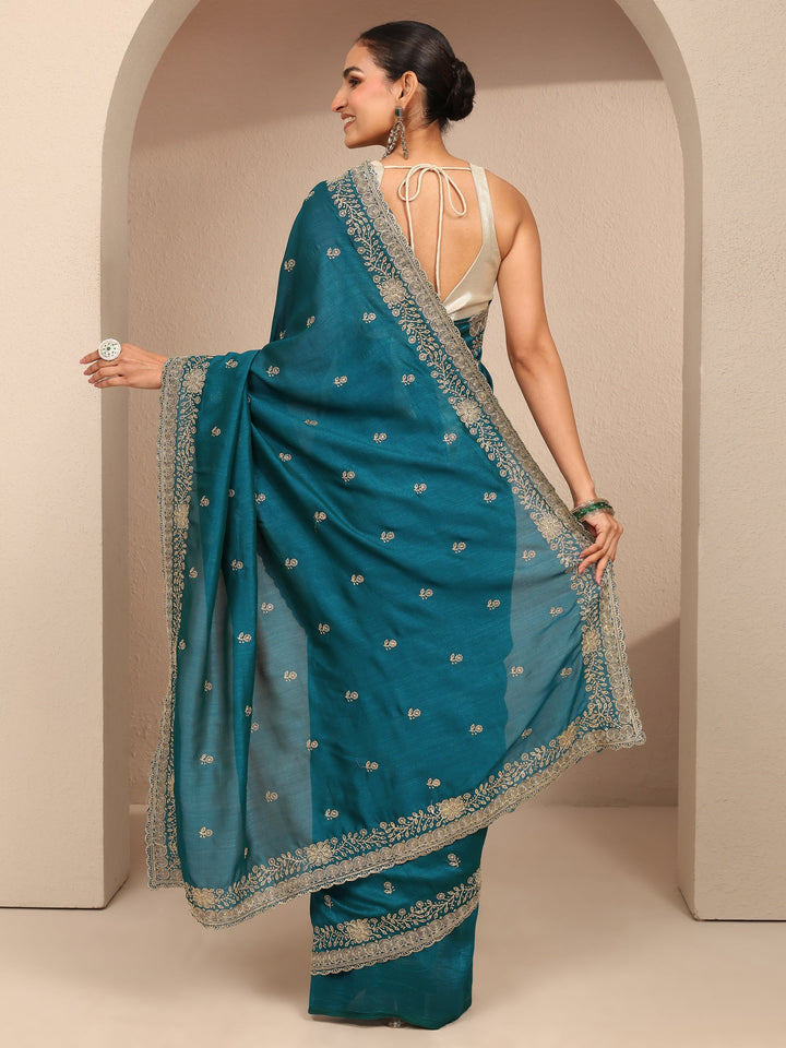 Teal Embroidered Silk Blend Saree With Unstitched Blouse Piece